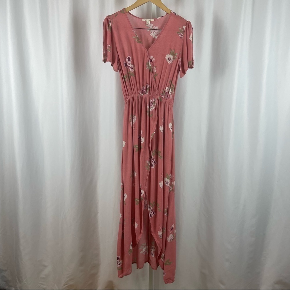 Miami Small Floral Boho Flutter Sleeve Hi Low Faux Wrap Midi Dress Flowy Summer